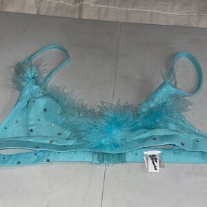 #54 Blue Star-Patterned Bralette with Fur Trim